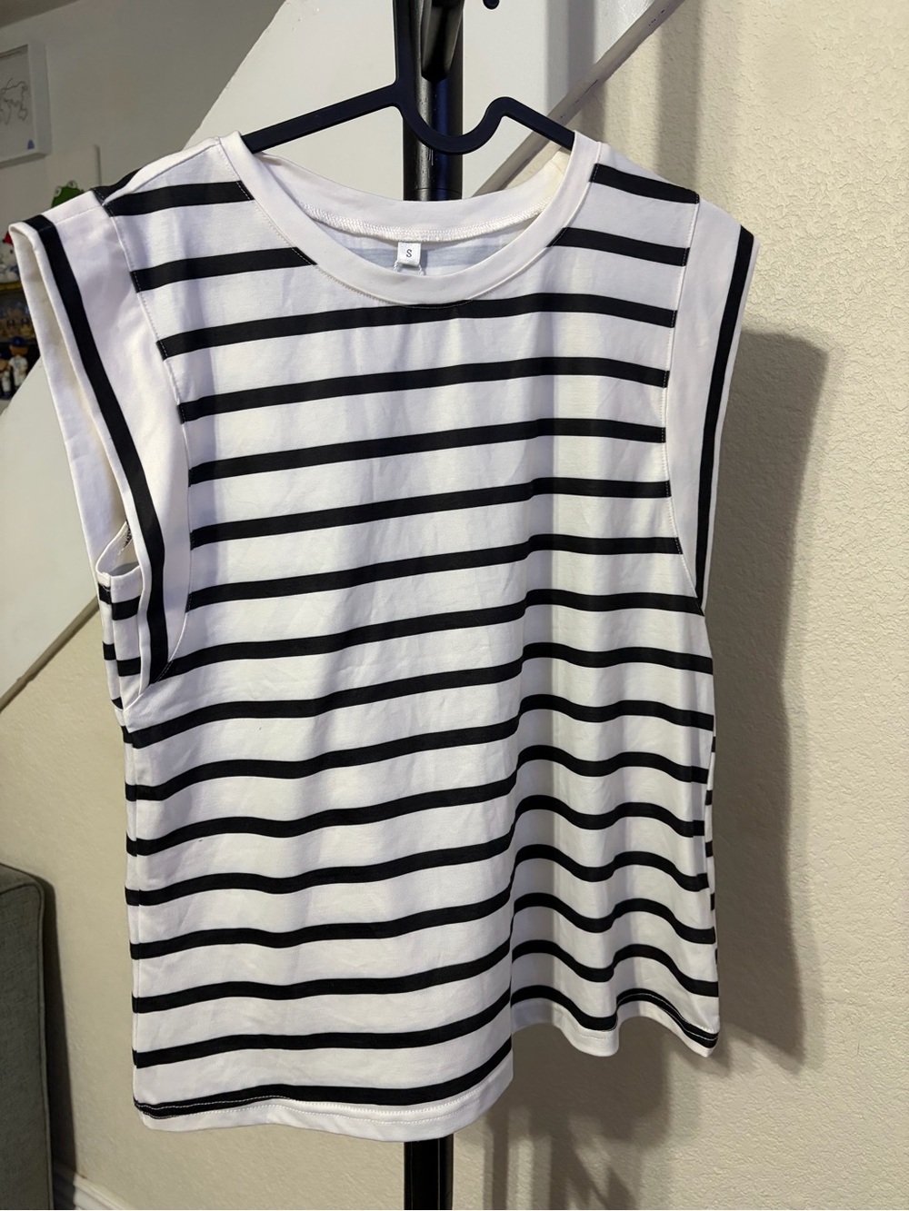 Sleeveless Crewneck Tank Top in White with Black Stripes